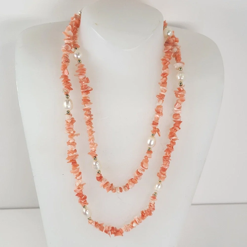 Vintage Pink Coral Chip Necklace Freshwater Pearls 14K Gold Spacers 34